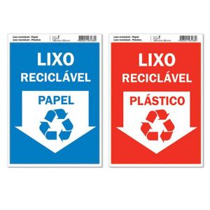 Adesivo Sinalização Pimaco 14 x 19cm Lixo Reciclável Papel / Plástico c/2 Unid