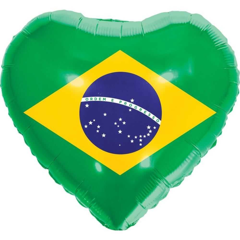 Balão Metalizado Decorado Coração Bandeira Brasil 18 X 45cm Make +