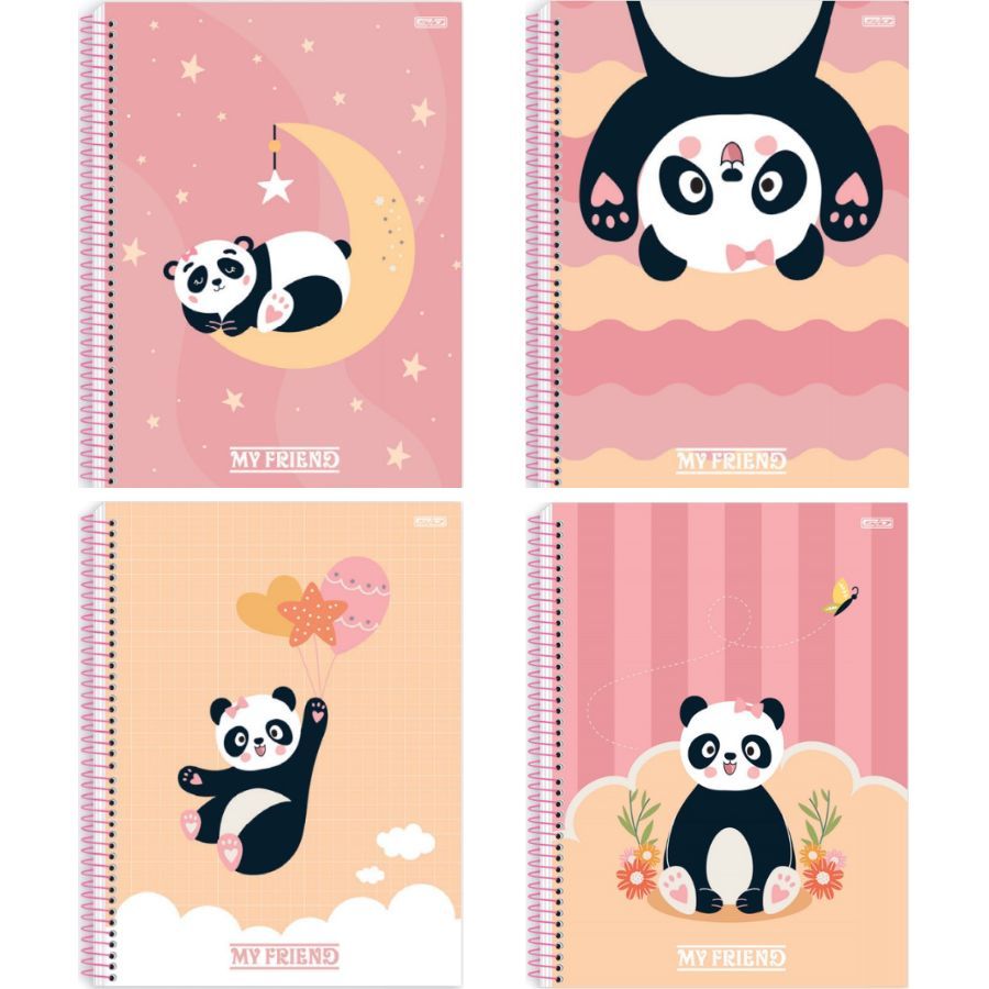 Kit Caderno Urso Panda Brochura 80 Folhas e Desenho 60 Folhas Capa