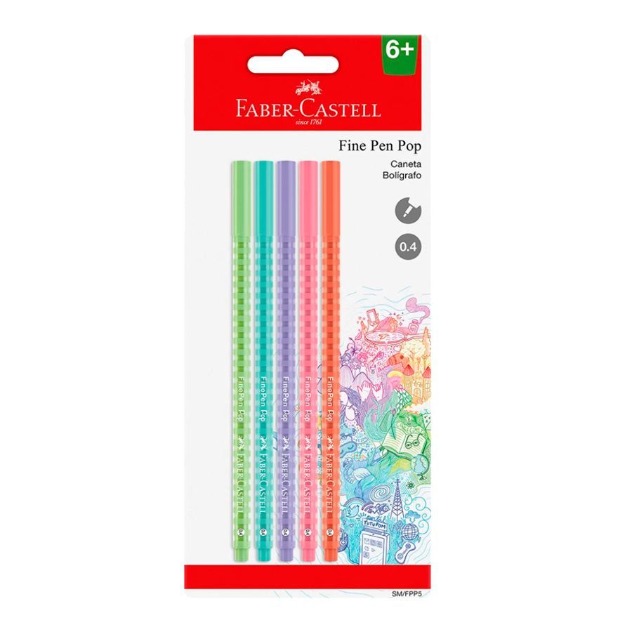 Caneta Hidrográfica Faber Castell Fine Pen Pastel Pop 0,4mm c/5 cores SM/FPP5P
