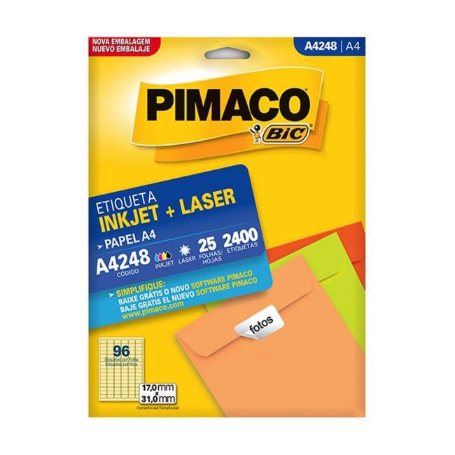 Etiqueta InkJet Laser A4 96 E.F 17,0 x 31,0mm cx c/25 Fls Pimaco A4248