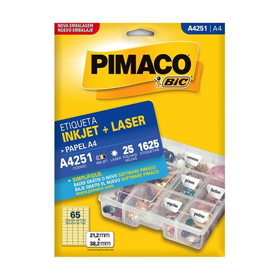 Etiqueta InkJet Laser A4 65 E.F 21,2 x 38,2mm cx c/25 Fls Pimaco A4251