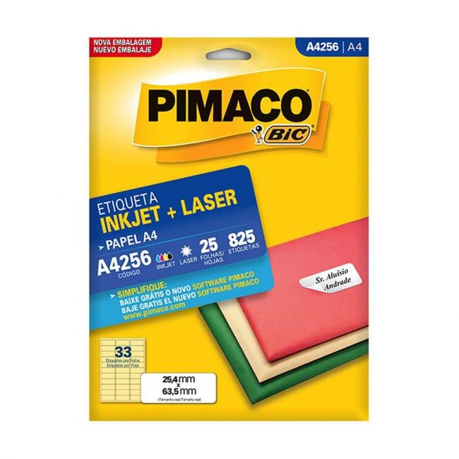 Etiqueta InkJet Laser A4 33 E.F 25,4 x 63,5mm cx c/25 Fls Pimaco A4256