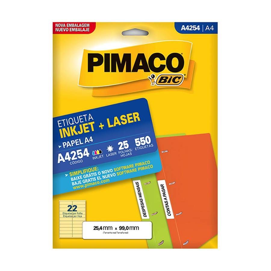Etiqueta InkJet Laser A4 22 E.F 25,4 x 99,0mm cx c/25 Fls Pimaco A4254