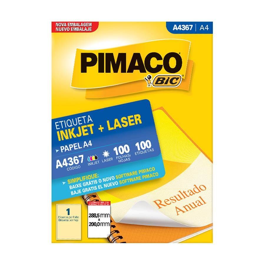 Etiqueta InkJet Laser A4  1 E.F 288,5 x 200,0mm cx c/100 Fls Pimaco A4367