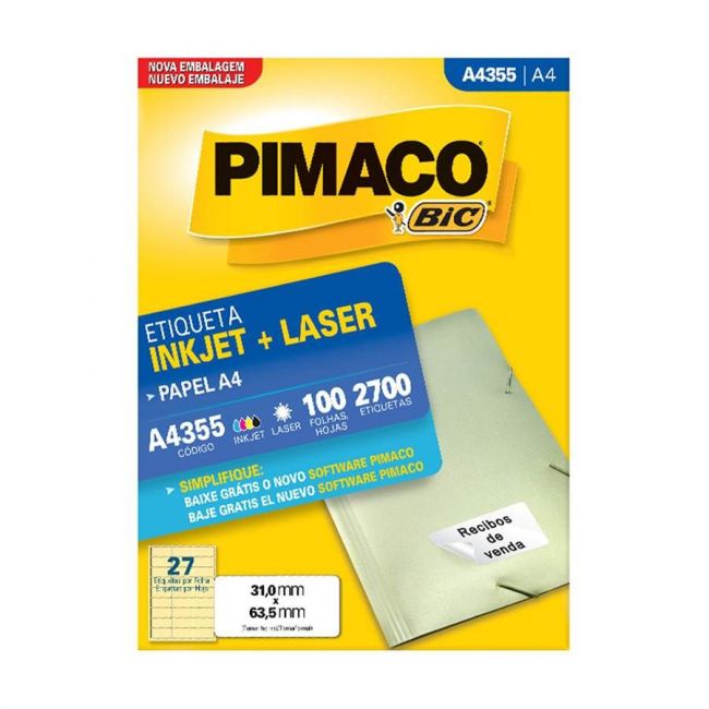 Etiqueta InkJet Laser A4 27 E.F 31 x 63,5mm cx c/100 Fls Pimaco A4355