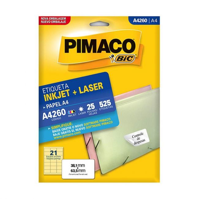Etiqueta InkJet Laser A4 21 E.F 38,1 x 63,5mm cx c/25 Fls Pimaco A4260