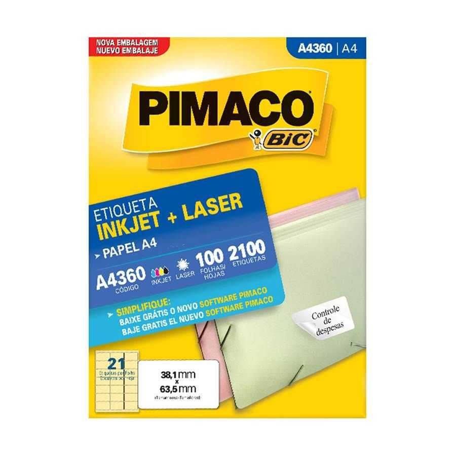 Etiqueta InkJet Laser A4 21 E.F 38,1 x 63,5mm cx c/100 Fls Pimaco A4360