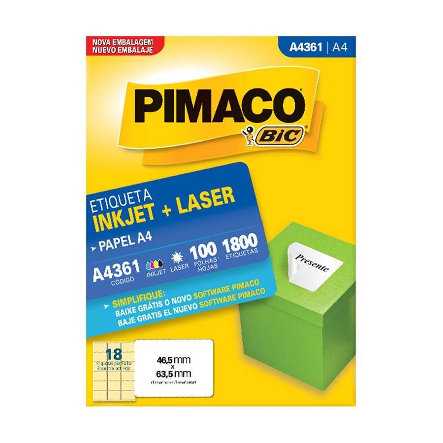 Etiqueta InkJet Laser A4 18 E.F 46,5 x 63,5mm cx c/100 Fls Pimaco A4361