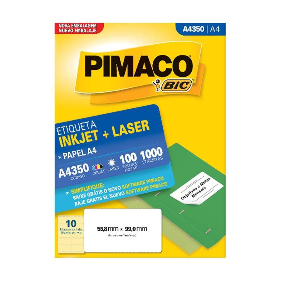 Etiqueta InkJet Laser A4 10 E.F 55,8 x 99,0mm cx c/100 Fls Pimaco A4350