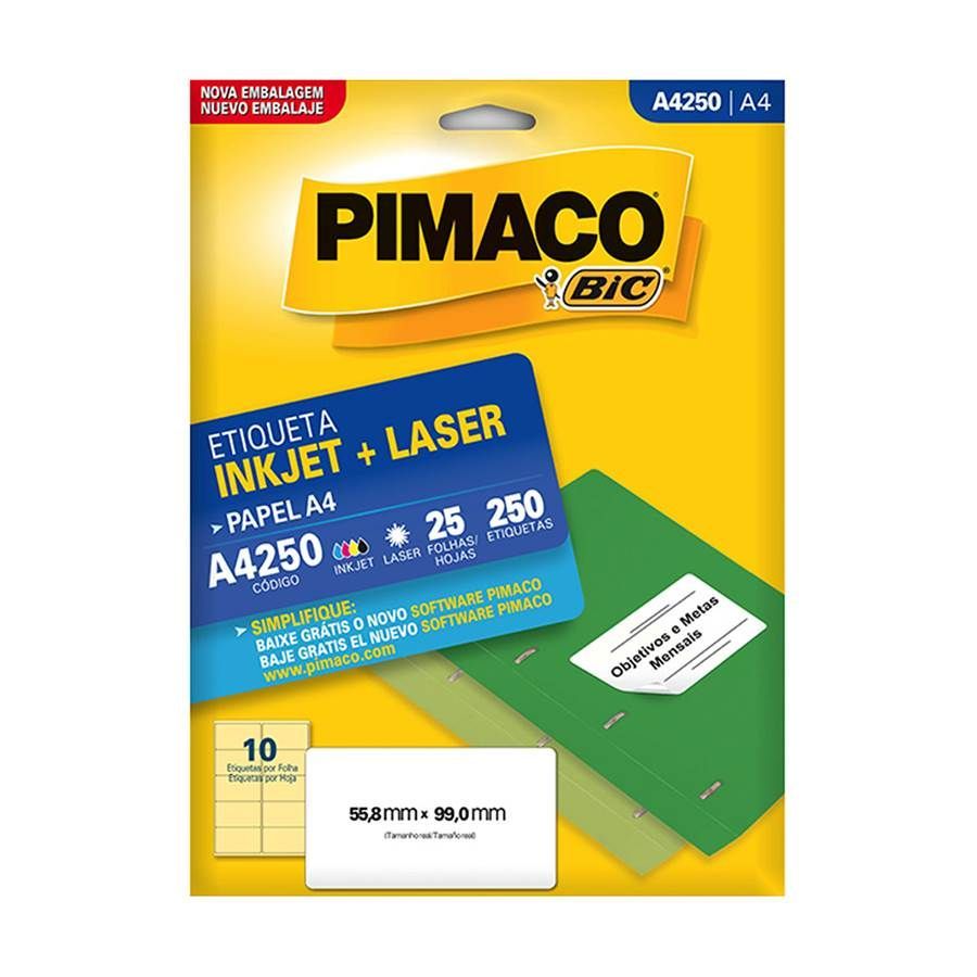 Etiqueta InkJet Laser A4 10 E.F 55,8 x 99,0mm cx c/25 Fls Pimaco A4250