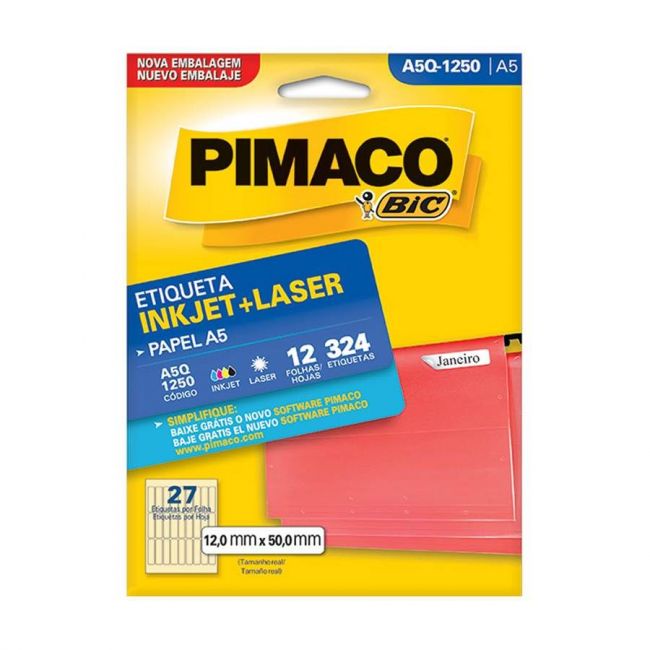 Etiqueta InkJet Laser A5 27 E.F 12 x 50mm c/324 etiq cx c/12 Fls Pimaco A5Q-1250