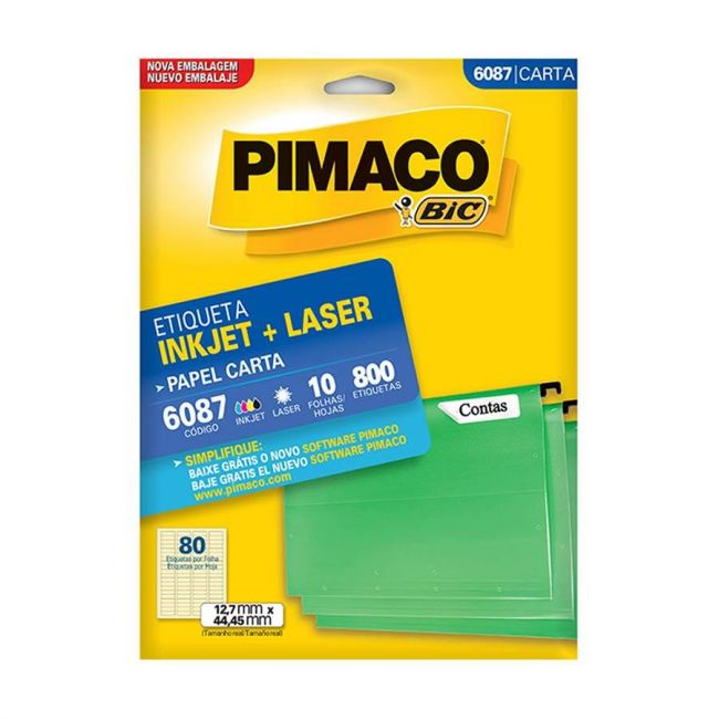 Etiqueta InkJet Laser Carta 80 E.F 12,7 x 44,45mm cx c/10 Fls 800 Etq Pimaco 6087