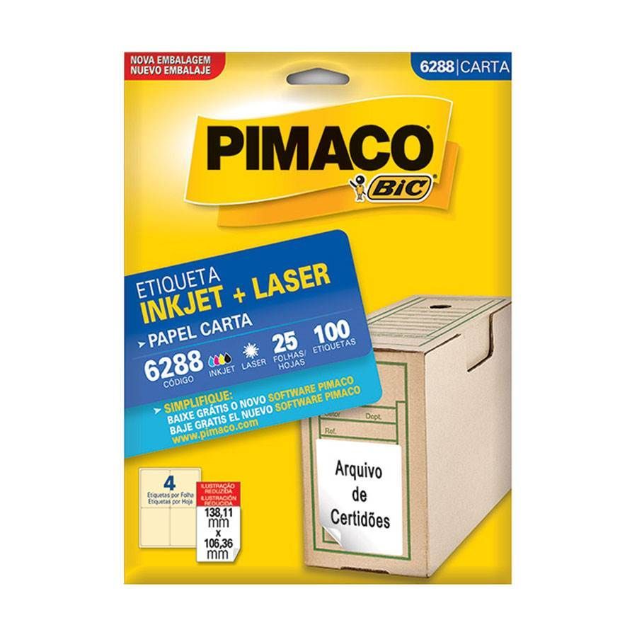 Etiqueta InkJet Laser Carta  4 E.F 138,11 x 106,36mm cx c/25 Fls 100 Etq Pimaco 6288