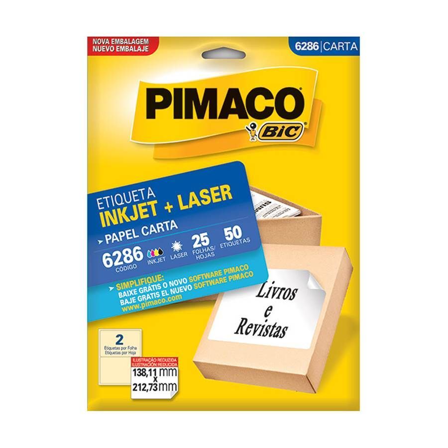 Etiqueta InkJet Laser Carta  2 E.F 138,11 x 212,73mm cx c/25 Fls 50 Etq Pimaco 6286