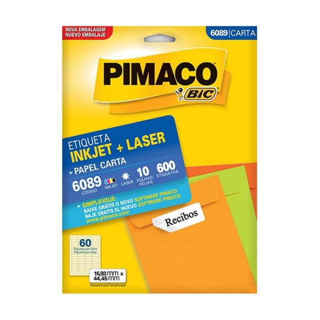 Etiqueta InkJet Laser Carta 60 E.F 16,93 x 44,45mm cx c/10 Fls 600 Etq Pimaco 6089