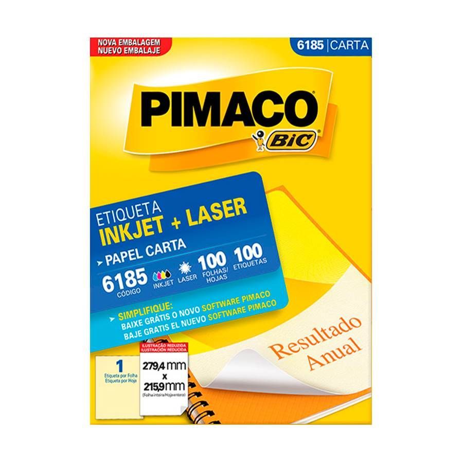 Etiqueta InkJet Laser Carta  1 E.F 215,9 x 279,4mm cx c/100 Fls 100 Etq Pimaco 6185