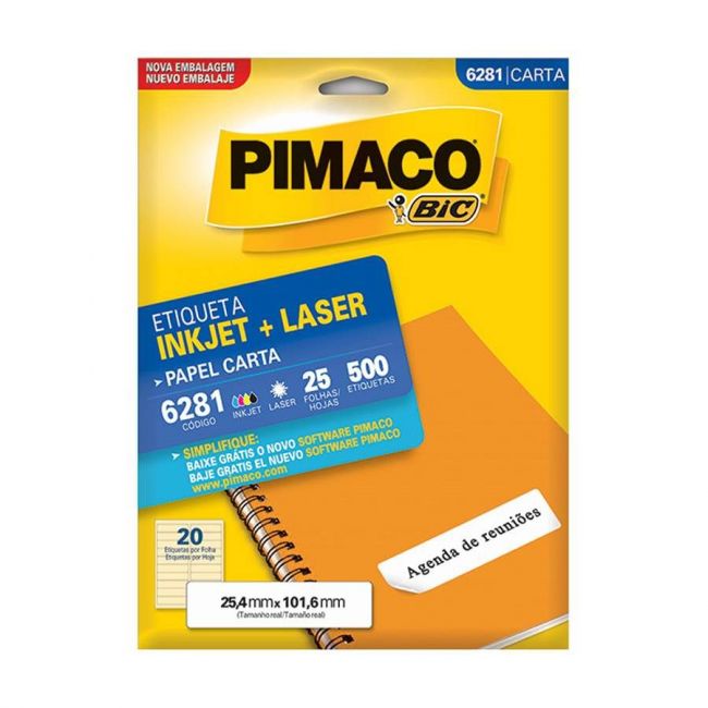 Etiqueta InkJet Laser Carta 20 E.F 25,4 x 101,6mm cx c/25 Fls 500 Etq Pimaco 6281