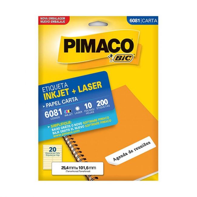 Etiqueta InkJet Laser Carta 20 E.F 25,4 x 101,6mm cx c/10 Fls 200 Etq Pimaco 6081