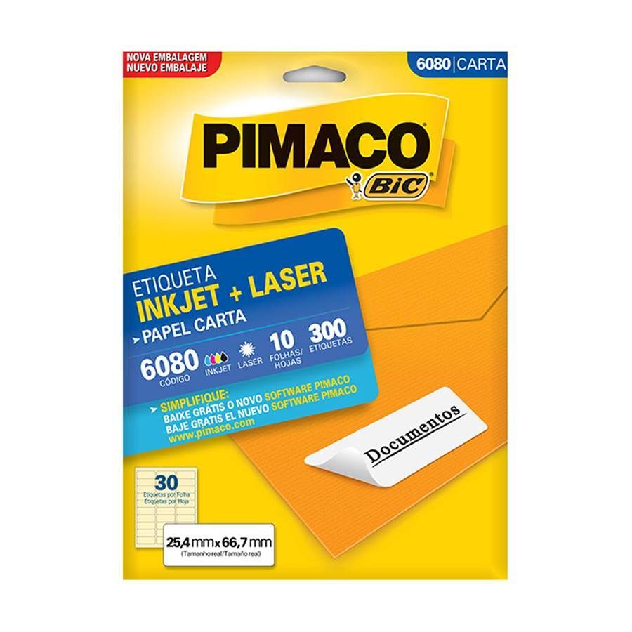 Etiqueta InkJet Laser Carta 30 E.F 25,4 x 66,7mm cx c/10 Fls 300 Etq Pimaco 6080