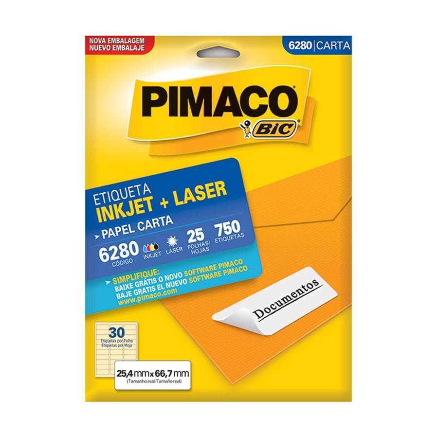 Etiqueta InkJet Laser Carta 30 E.F 25,4 x 66,7mm cx c/25 Fls 750 Etq Pimaco 6280