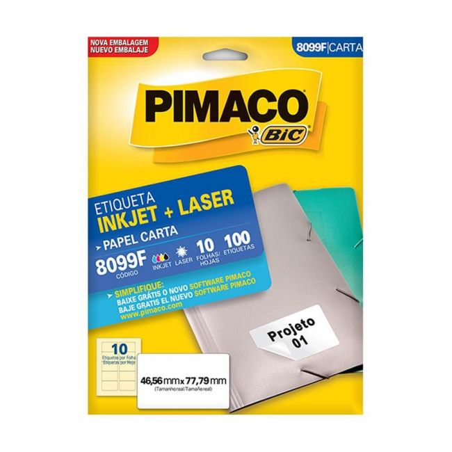 Etiqueta InkJet Laser Carta 10 E.F 46,56 x 77,79mm cx c/10 Fls 100 Etq Pimaco 8099F