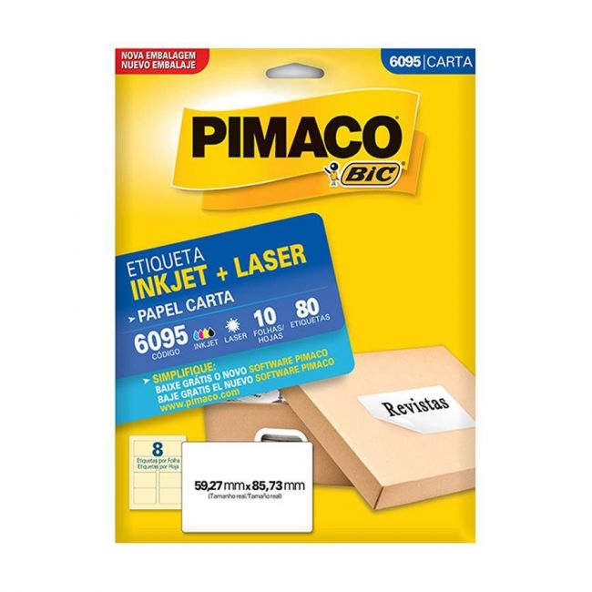 Etiqueta InkJet Laser Carta  8 E.F 59,27 x 85,73mm cx c/10 Fls 80 Etq Pimaco 6095