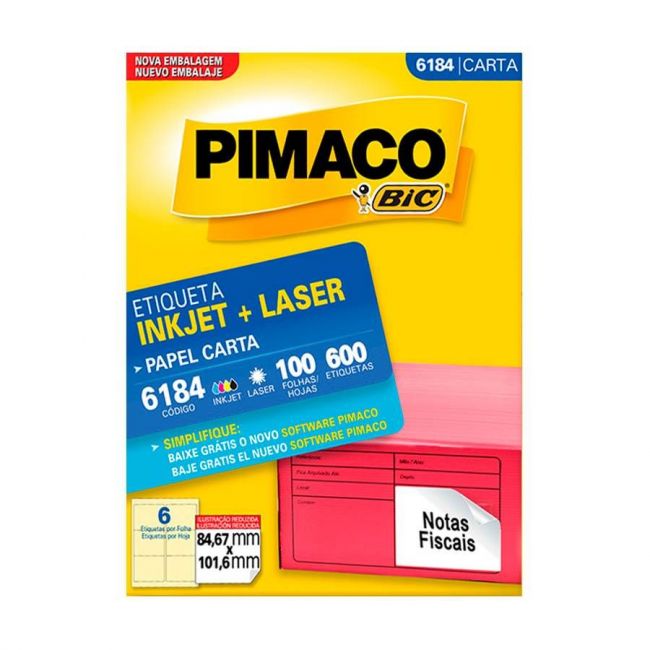 Etiqueta InkJet Laser Carta  6 E.F 84,67 x 101,6mm cx c/100 Fls 600 Etq Pimaco 6184