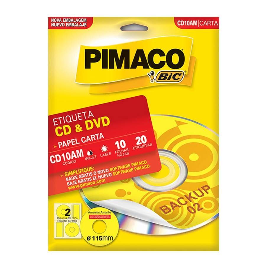 Etiqueta Inkjet Laser Carta CD 115,0 mm 2 E.F Amarelo cx c10 Fls 20 Etiq Pimaco CD10AM