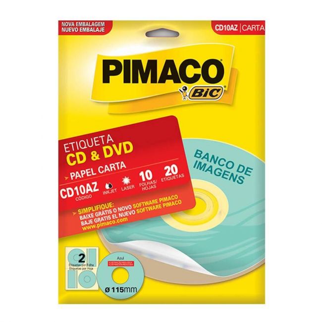 Etiqueta Inkjet Laser Carta CD 115,0 mm 2 E.F Azul cx c10 Fls 20 Etiq Pimaco CD10AZ
