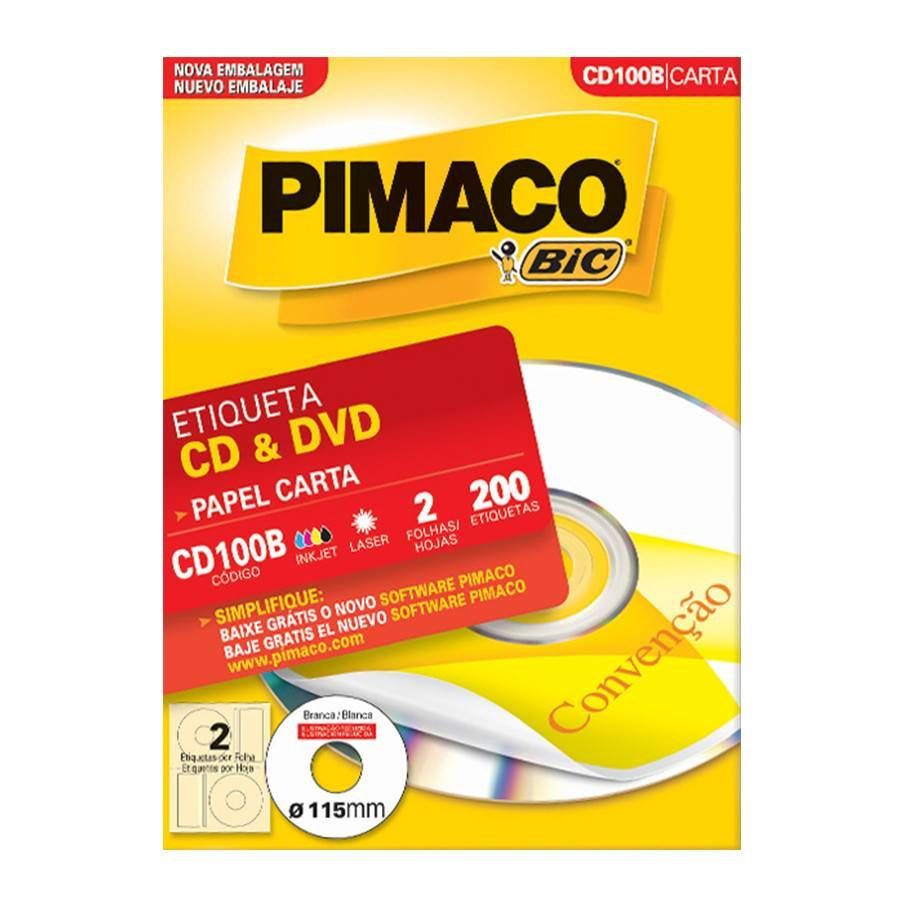 Etiqueta Inkjet Laser Carta CD 115,0 mm 2 E.F Branca cx c100 Fls 200 Etiq Pimaco CD100B
