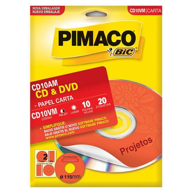 Etiqueta Inkjet Laser Carta CD 115,0 mm 2 E.F Vermelho cx c10 Fls 20 Etiq Pimaco CD10VM
