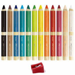 Giz de Cera Big 12 cores Corpo Madeira + Apontador Faber Castell 141412