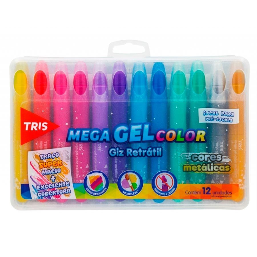 Giz de Cera Retrátil 12 Cores Mega Gel Color Metálicas Tris 688237