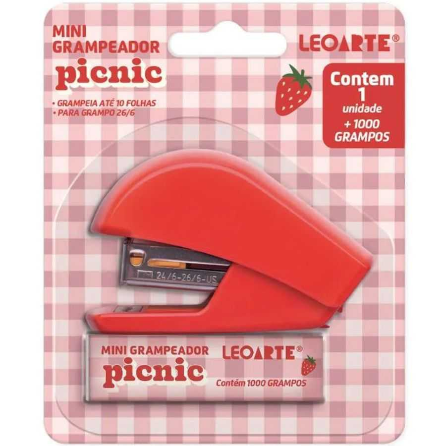 Grampeador de Mesa Mini 10 Folhas Picnic Vermelho + Grampos Leo Arte 93109