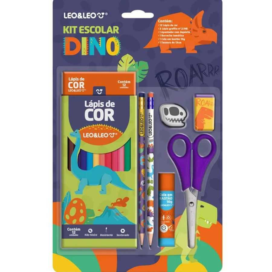 Kit Escolar Lapis de Cor 12 Cores Dino 18 Peças Leo & Leo 71617 na  Papelaria Art Nova