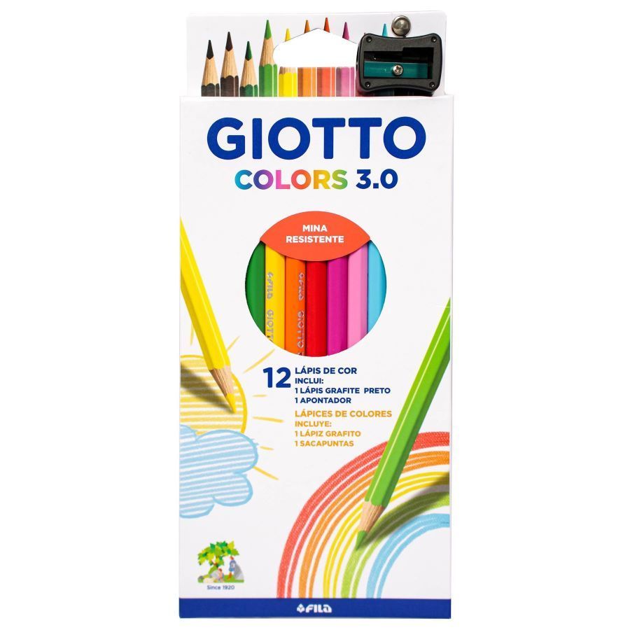 Lápis de Cor 12 Cores + Apontador + 1 Lapis Grafite Colors 3.0 Sextavado Giotto 