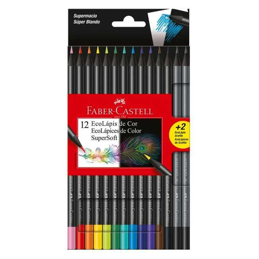 Lápis de Cor SuperSoft 12 Cores Faber Castell Redondo + 2 Lápis Preto