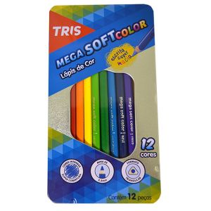 Lápis de Cor 12 Cores Triangular Tris Mega Soft Estojo Metal