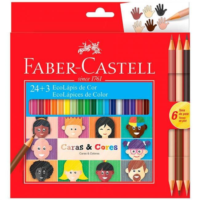 Lápis de Cor 24 Cores Sextavado Faber Castell Caras & Cores + 3 Lápis Tons de Pele