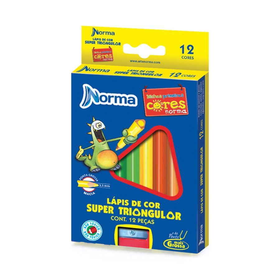 Lápis de Cor Jumbo 12 Cores Triangular Norma + Apontador