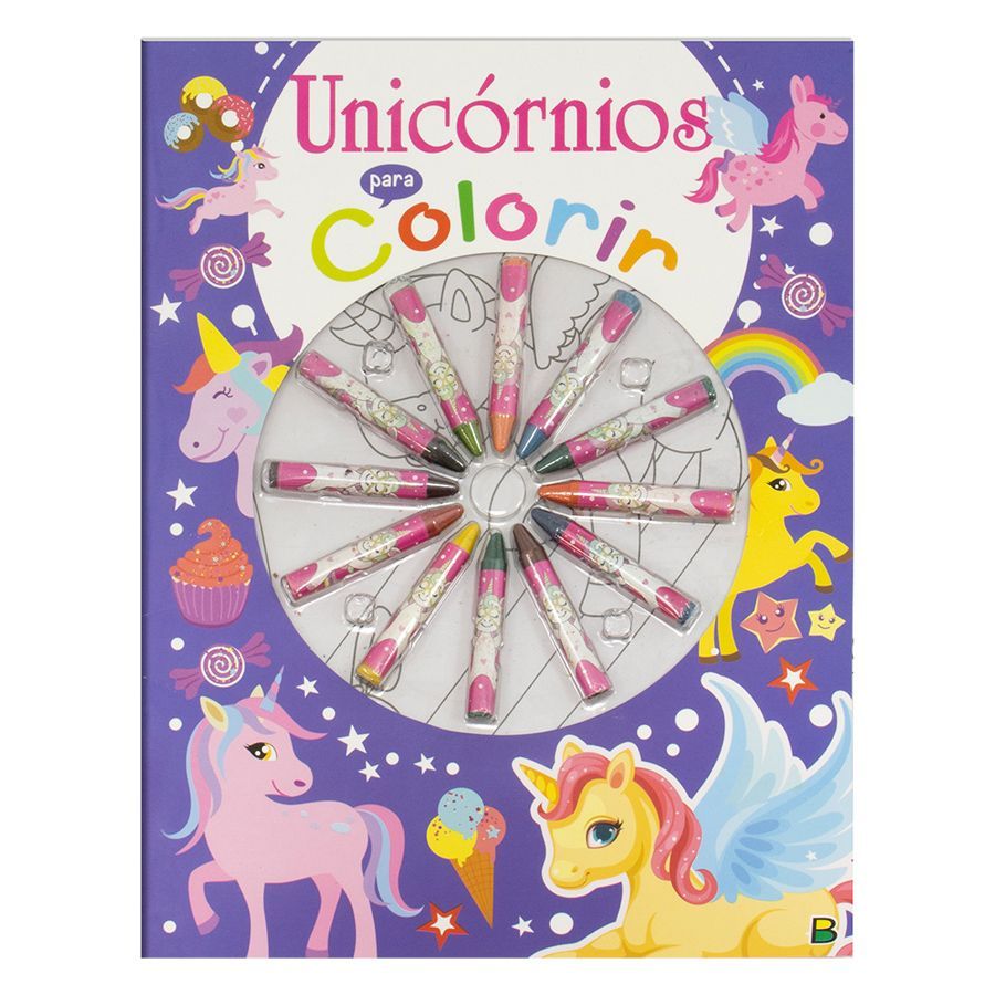 Livro de colorir lindo unicórnio roxo com arco-íris