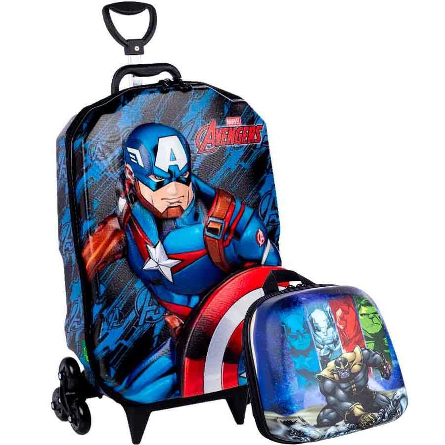 Mochila com Rodas + Lancheira Avengers Capitão America 3D Diplomata