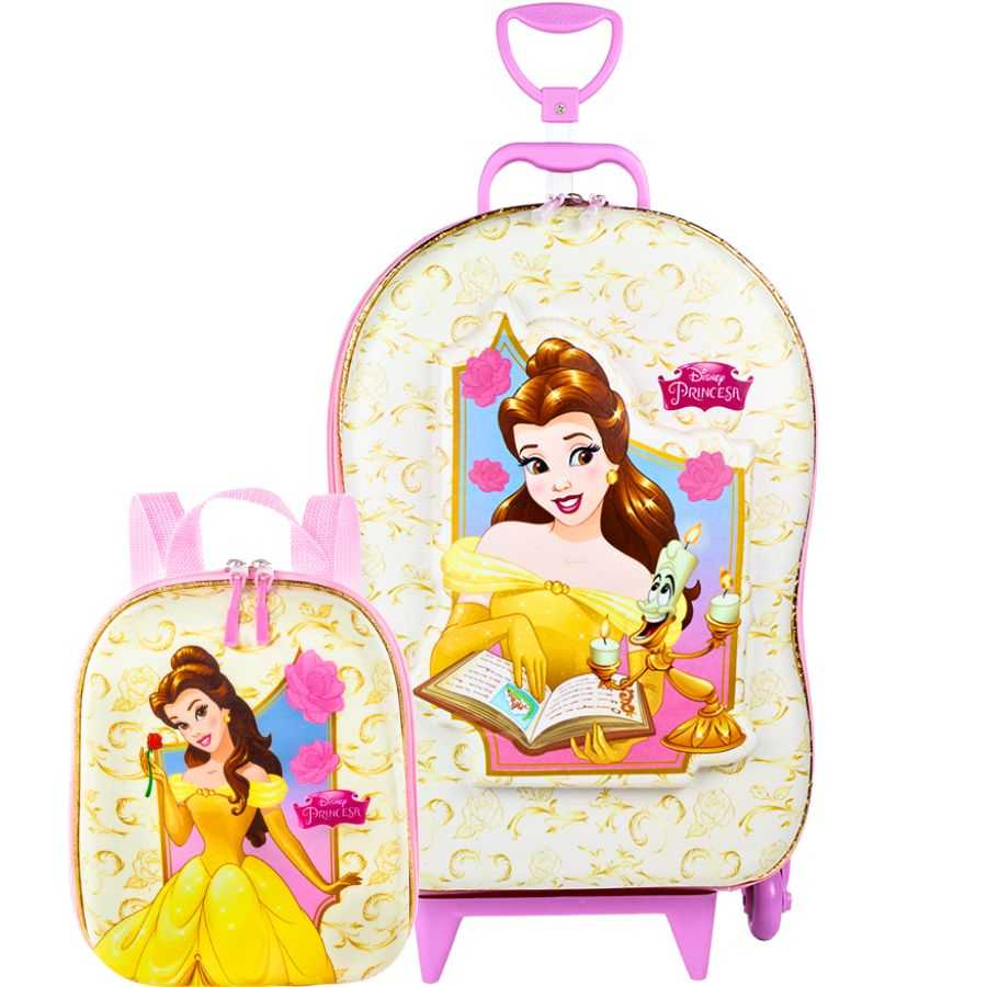 Mochila com Rodas + Lancheira Princesas Bela 3D Diplomata