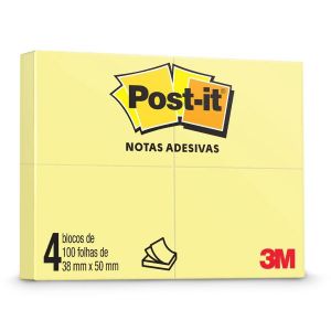 Recado Adesivo 38 x 50mm 3M Post-it 653 4 Blocos c/100 Fls - Amarelo 