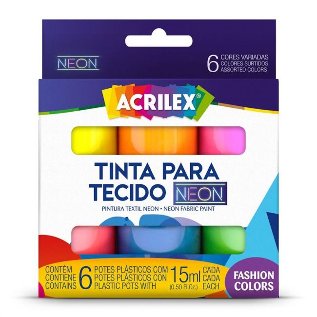 Tinta para Tecido 15ml c/6 cores Neon Acrilex 