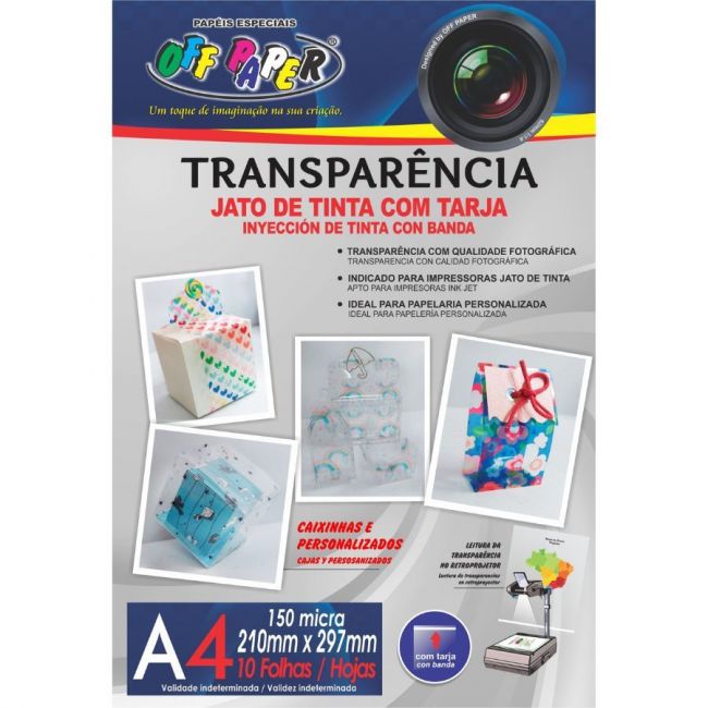 Transparência Jato de Tinta com Tarja A4 150 Micra c/10 Folhas Off Paper