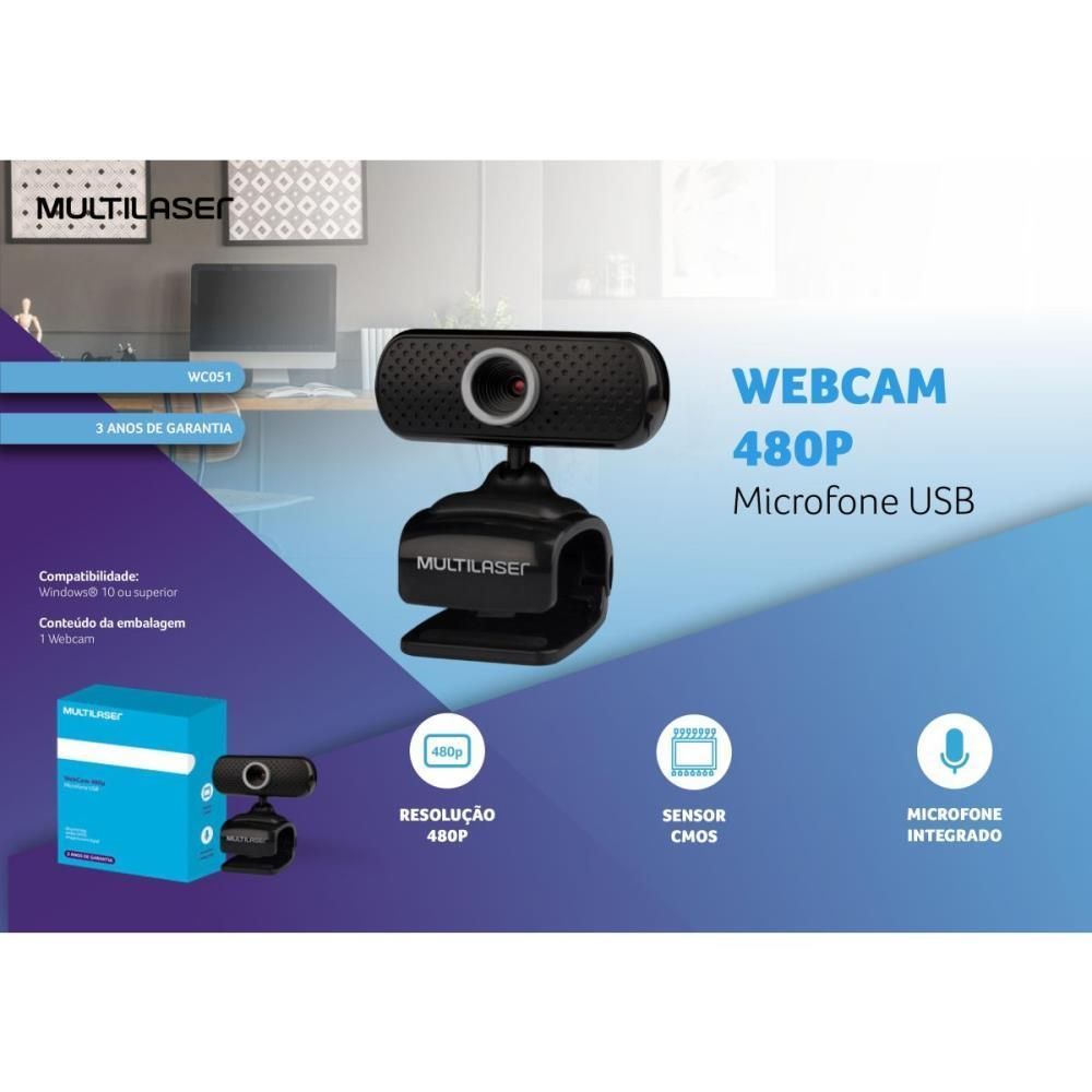 Webcam c/Microfone USB 480MP Multilaser